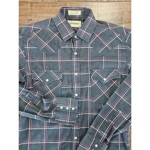 Vintage Campus Mens Tall Western Pearl Snap Shirt Plaid Navy Red White Medium